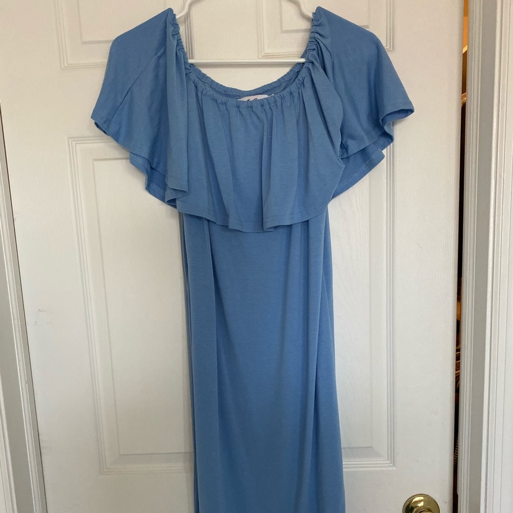 Blue Ruffle Fitted Maternity Dress